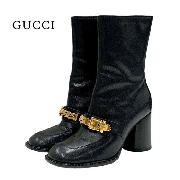 Gucci Boots Short Boots Shoes Chain Belt Leather Black